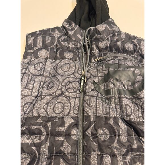 Men's Ecko Unltd Hooded Puffer Vest Full Zip Logo Text Print Gray Black Size 2XL - Picture 4 of 10